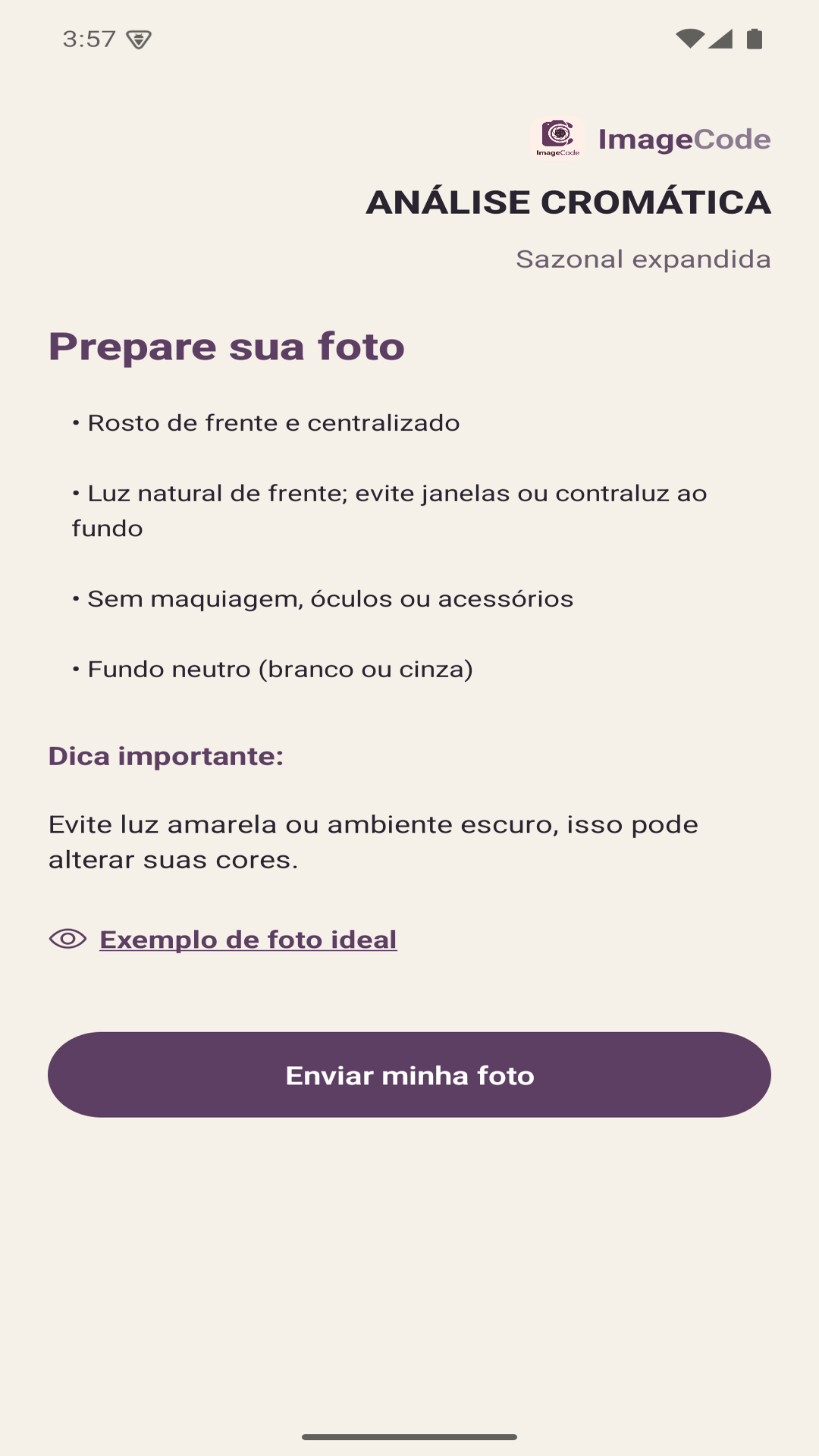 Tela de análise de cores do ImageCode